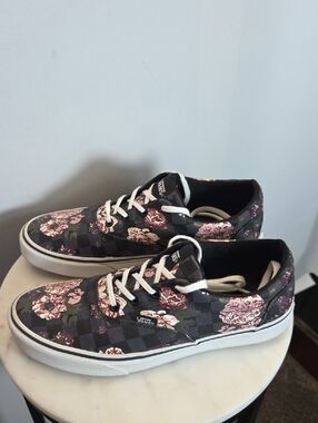 Vans Black Checkerboard Sneakers with Pink Floral Print Size 9